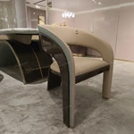 Barrel-Back Dining Chair with Woven Leather Accents, High-Gloss Wood Frame and Vertical Back Strap